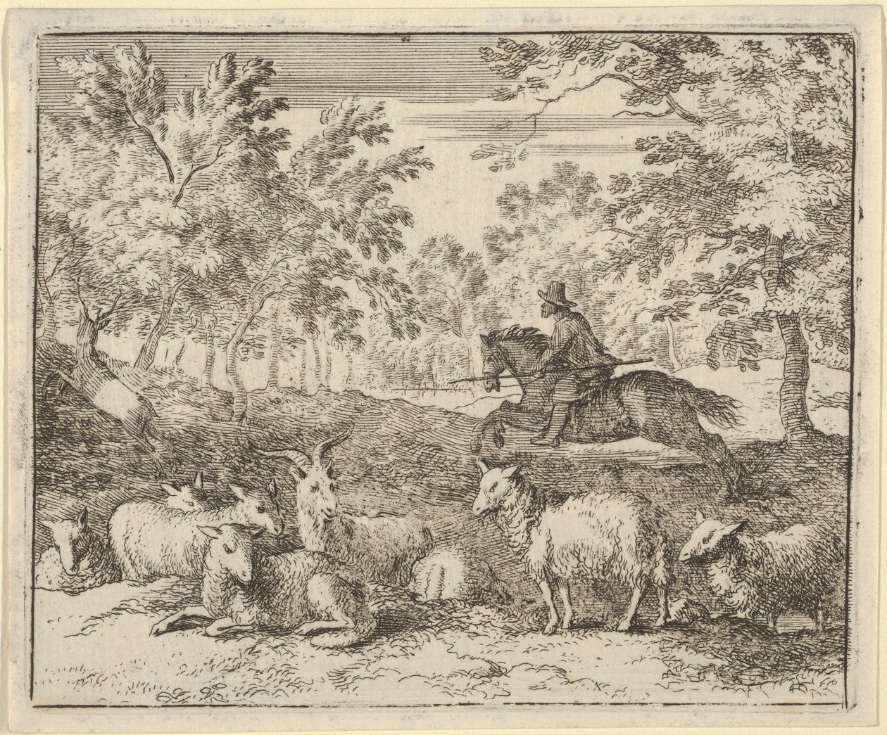 Paimen hevosen selässä jahtaa polttaria, 1650-75. tekijältä Allart van Everdingen