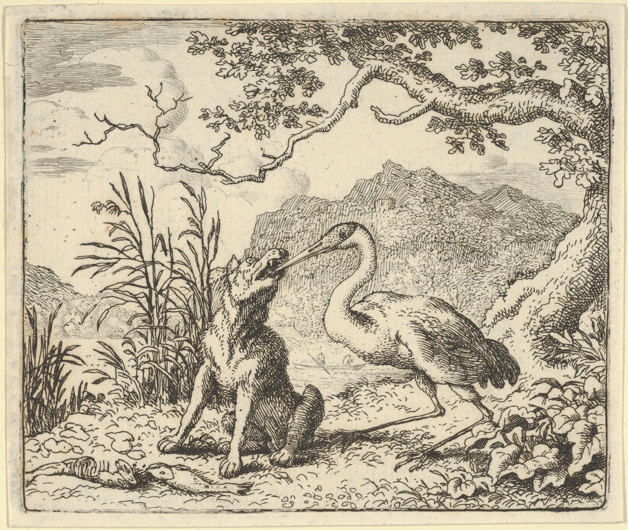 Haikara poistaa luun suden kurkusta Hendrick van Alcmarin Renard The F..., 1650-75. tekijältä Allart van Everdingen