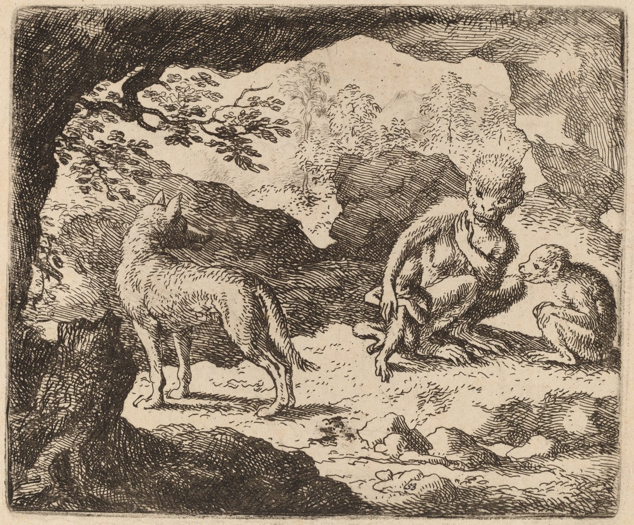 Susi ja apinat, luultavasti n. 16451656. tekijältä Allart van Everdingen