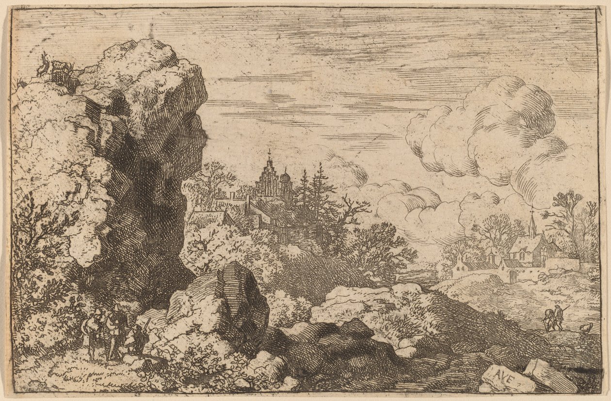 Kolme matkustajaa korkean kallion juurella, luultavasti n. 16451656. tekijältä Allart van Everdingen