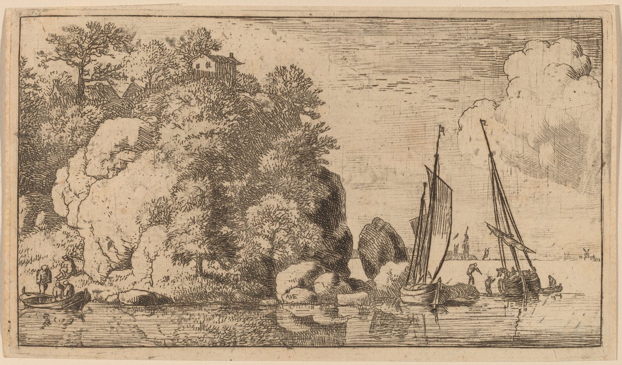Kaksi venettä leveällä joella, luultavasti n. 16451656. tekijältä Allart van Everdingen