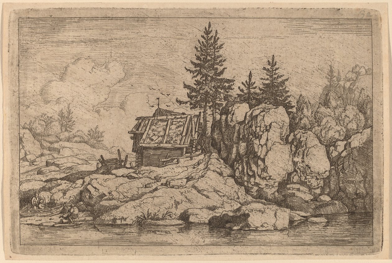Kaksi kuusipuuta lähellä mökkejä, luultavasti n. 16451656. tekijältä Allart van Everdingen