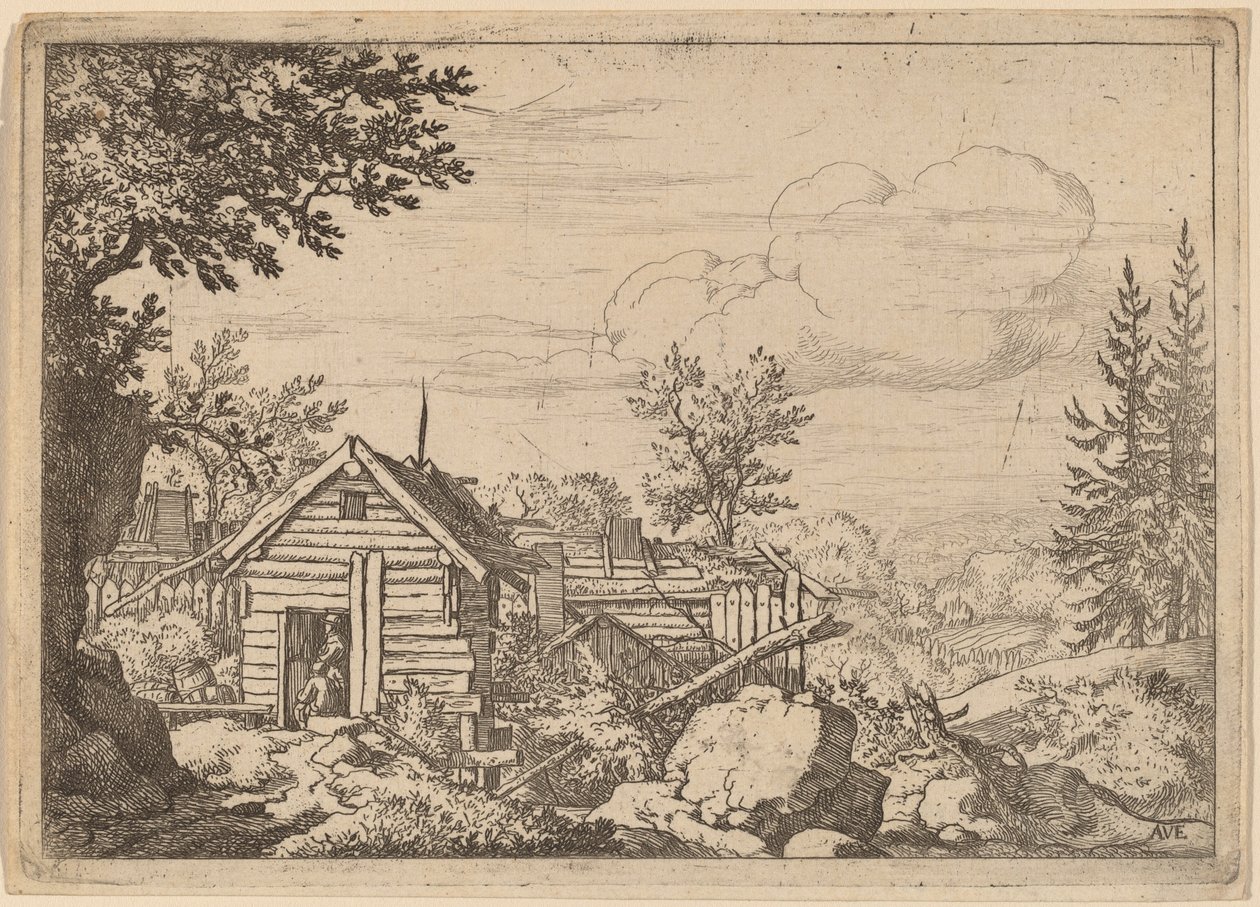 Kaksi miestä majan ovella, luultavasti n. 16451656. tekijältä Allart van Everdingen