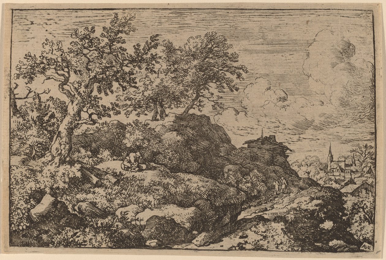 Kaksi talonpoikaa istumassa kukkulalla, luultavasti n. 16451656. tekijältä Allart van Everdingen