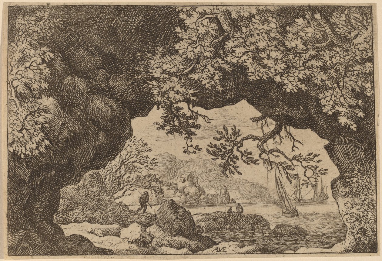 Näkymä lävistetyn kallion läpi, luultavasti n. 16451656. tekijältä Allart van Everdingen