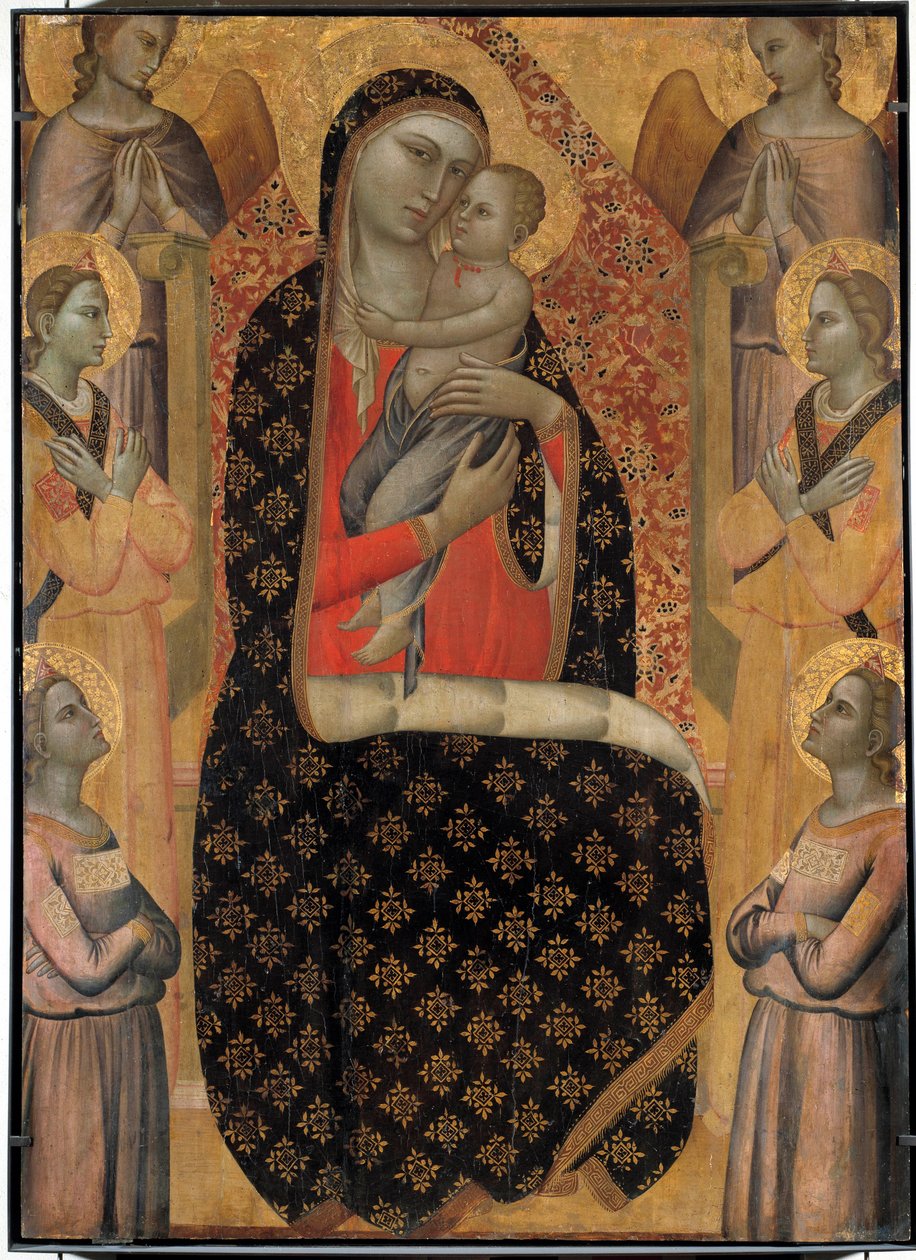 Majestic Neitsyt kuuden enkelin ympäröimänä Allegretto Nuzin (1350-1375) alttaritaulu. Himmeä. 138 x 99 cm. Avignon, pienen palatsin museo tekijältä Allegretto Nuzi