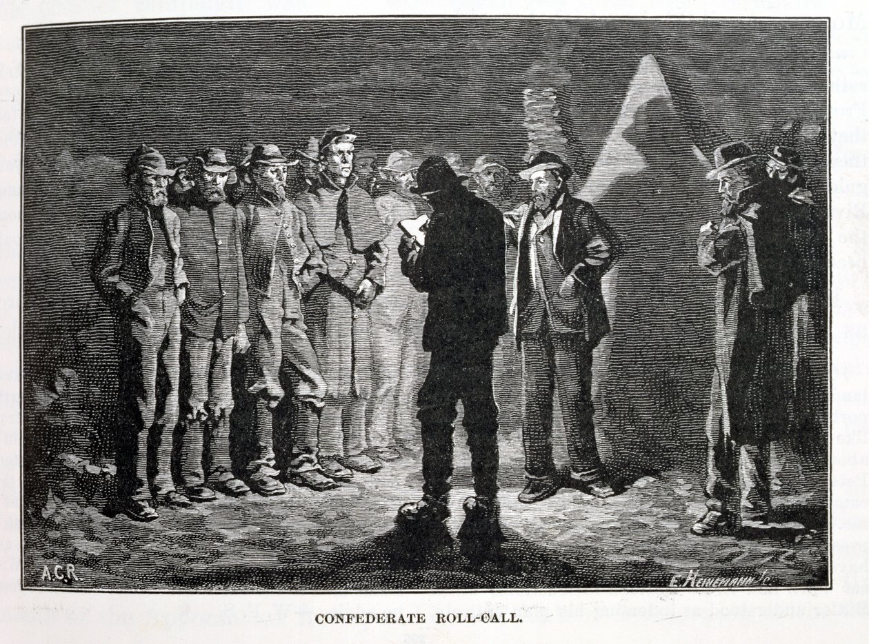 Confederate Roll-call, kaiverrus Ernst Heinemann (1848-1912), kuvitus teoksesta "Taistelut ja sisällissodan johtajat", toimittajina Robert Underwood Johnson ja Clarence Clough Buel tekijältä Allen Carter Redwood