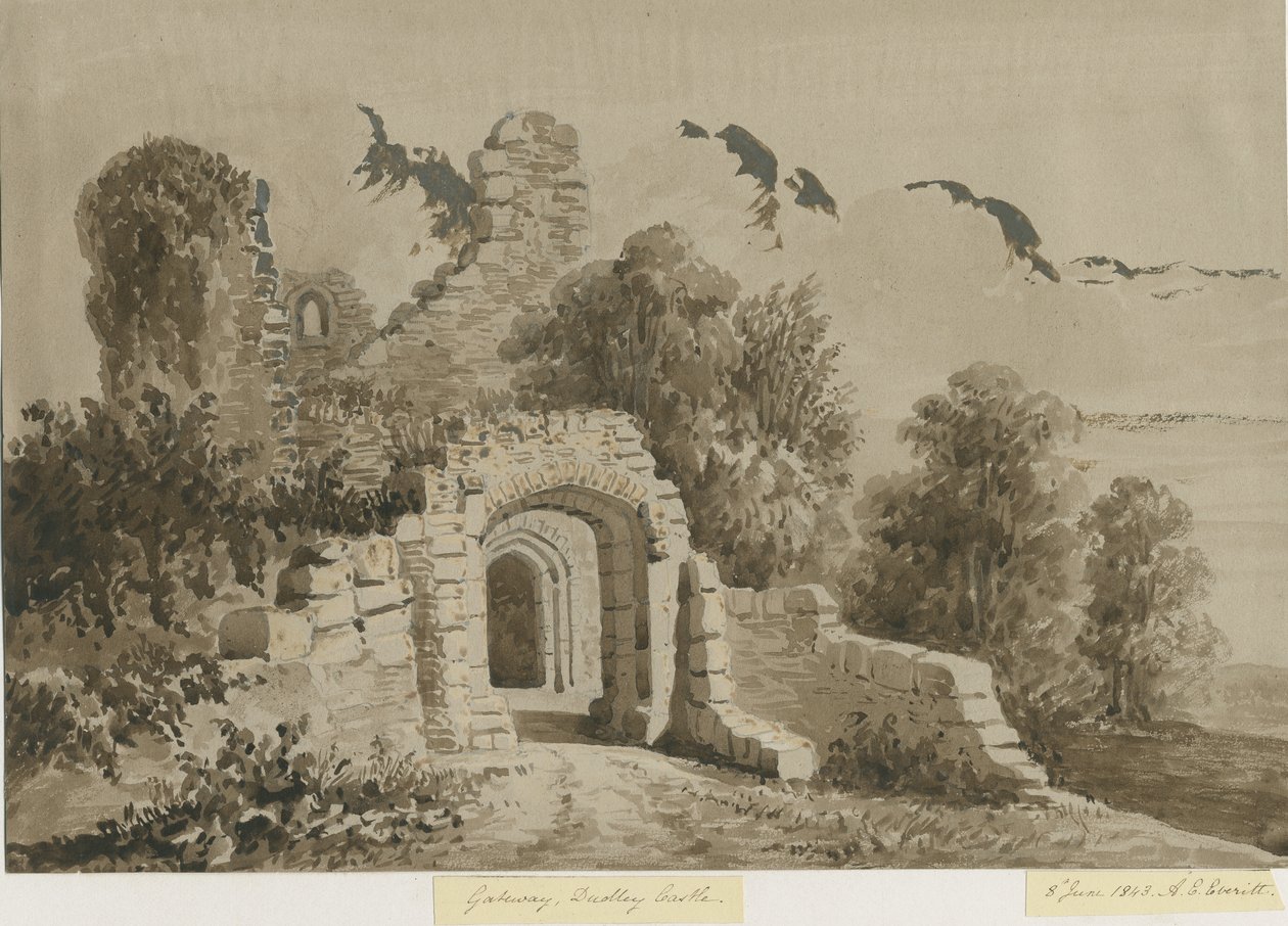 Dudleyn linna - The Gateway: punaseepia-pesupiirros, 8. kesäkuuta 1843 tekijältä Allen Edward Everitt