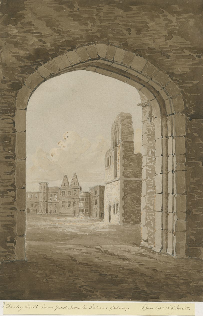 Dudley Castle - The Keep: punaseepiapiirros, 8.6.1843 tekijältä Allen Edward Everitt