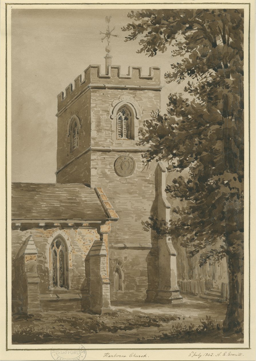 Harborne Church: punainen seepiapiirros, 2. heinäkuuta 1842 tekijältä Allen Edward Everitt