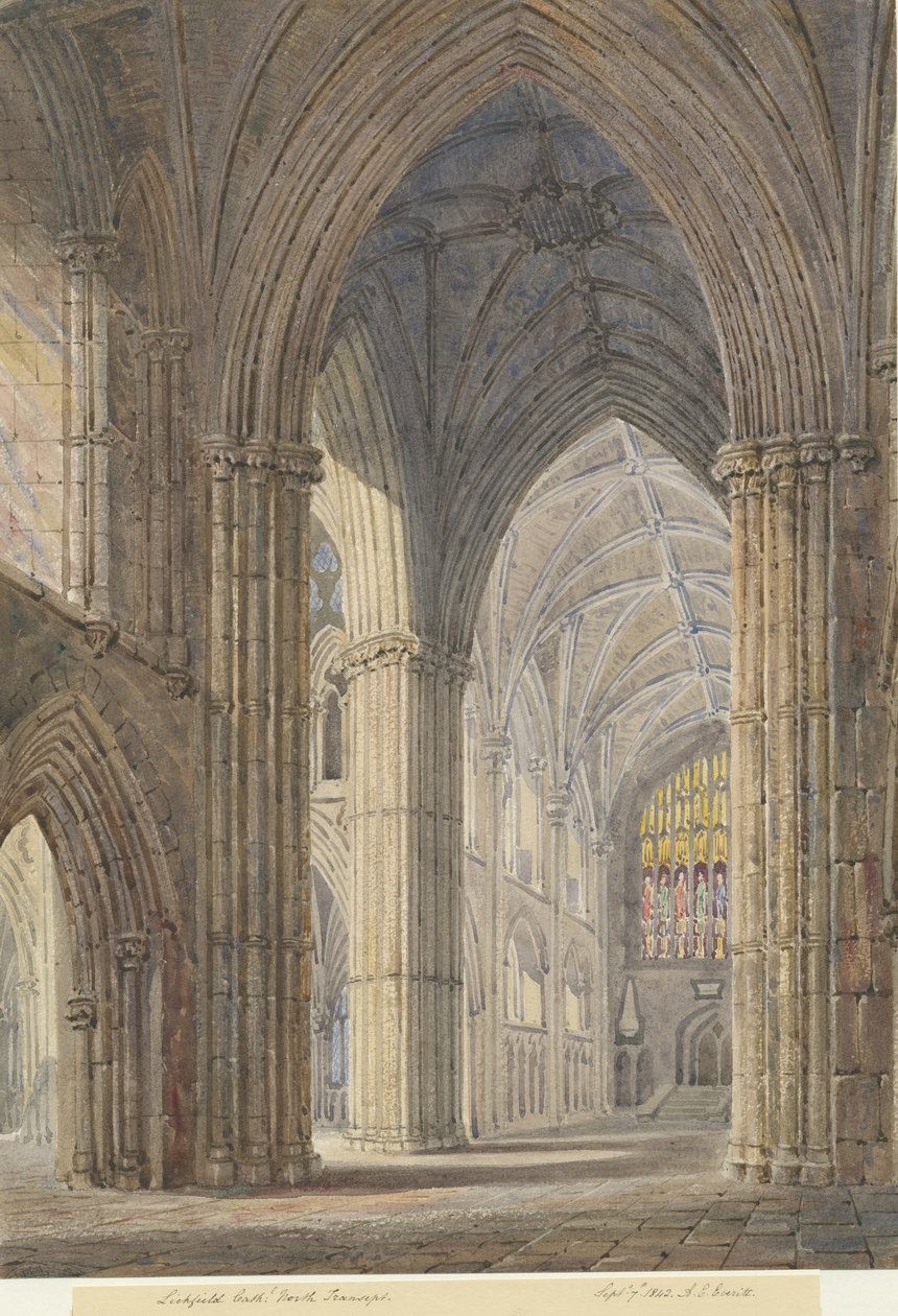 Lichfieldin katedraalin sisätilat - North Transept: vesivärimaalaus, 7. syyskuuta 1842 tekijältä Allen Edward Everitt