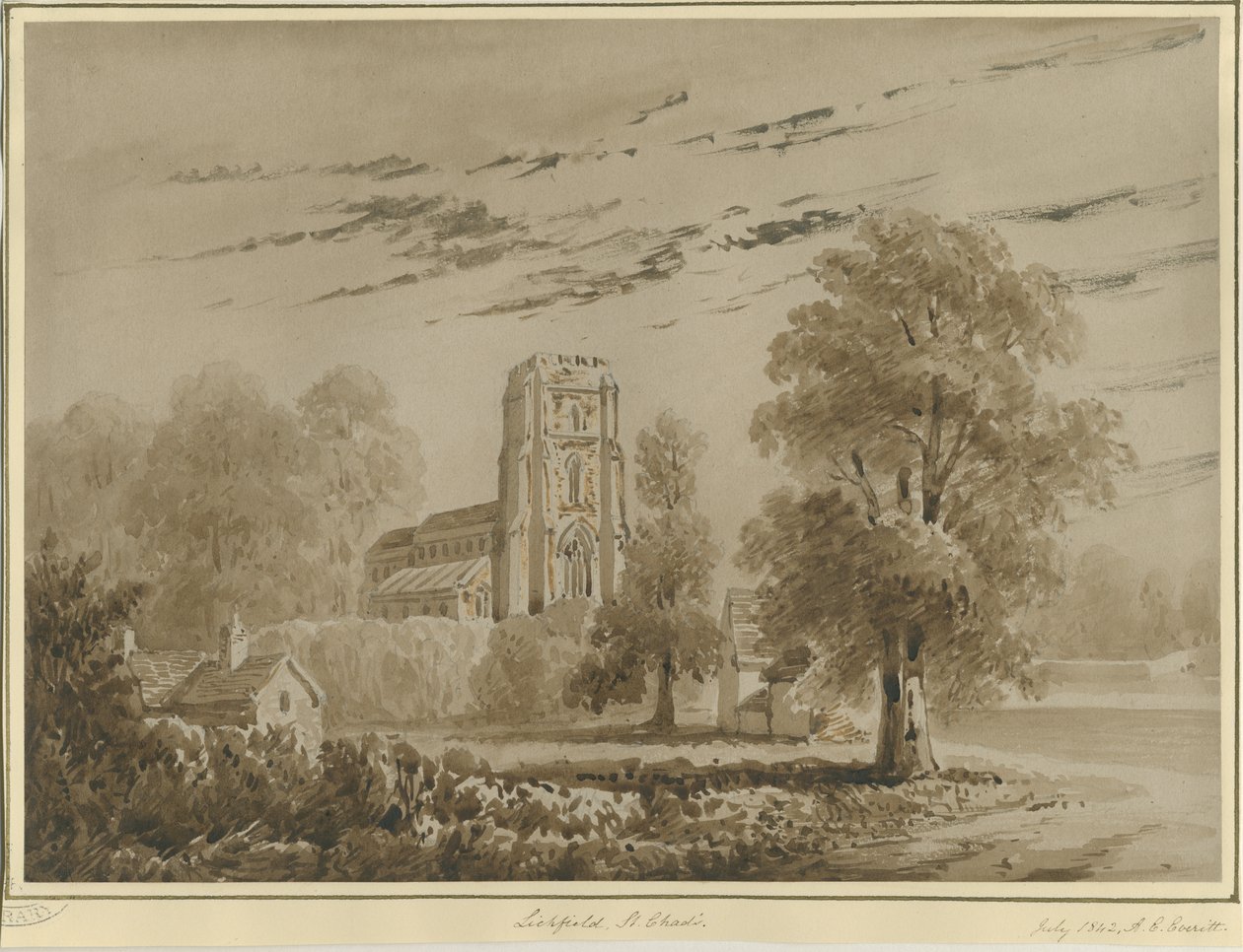 Lichfield - St. Chadin kirkko: punainen seepiapiirros, heinäkuu 1842 (piirustus) tekijältä Allen Edward Everitt