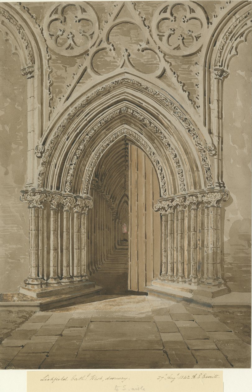 Lichfield Cathedral - West Doorway: punainen/ruskea seepiapiirros, 27. elokuuta 1842 tekijältä Allen Edward Everitt