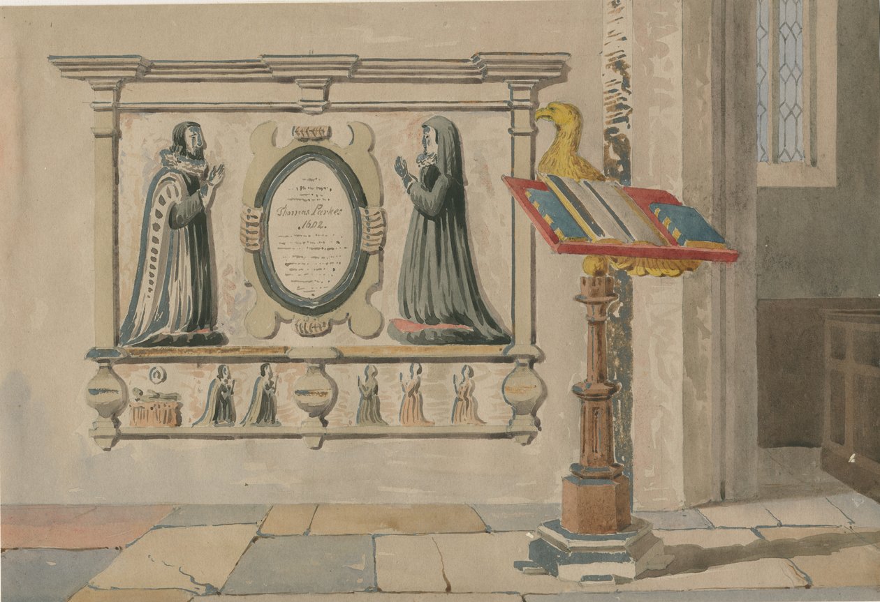 Wednesbury Church - Muistomerkki Thomas ja Eleanor Parkesille: akvarellimaalaus, 23. maaliskuuta 1843 tekijältä Allen Edward Everitt