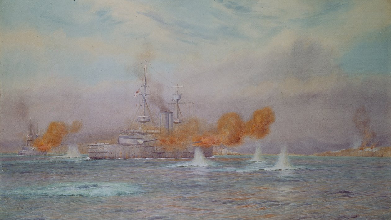 H.M.S. Albionin komentaja kapteeni A. Walker-Heneage saatti päätökseen Dardanellien ulkolinnoitusten tuhoamisen vuosina 1915, 1925 tekijältä Alma Claude Burlton Cull