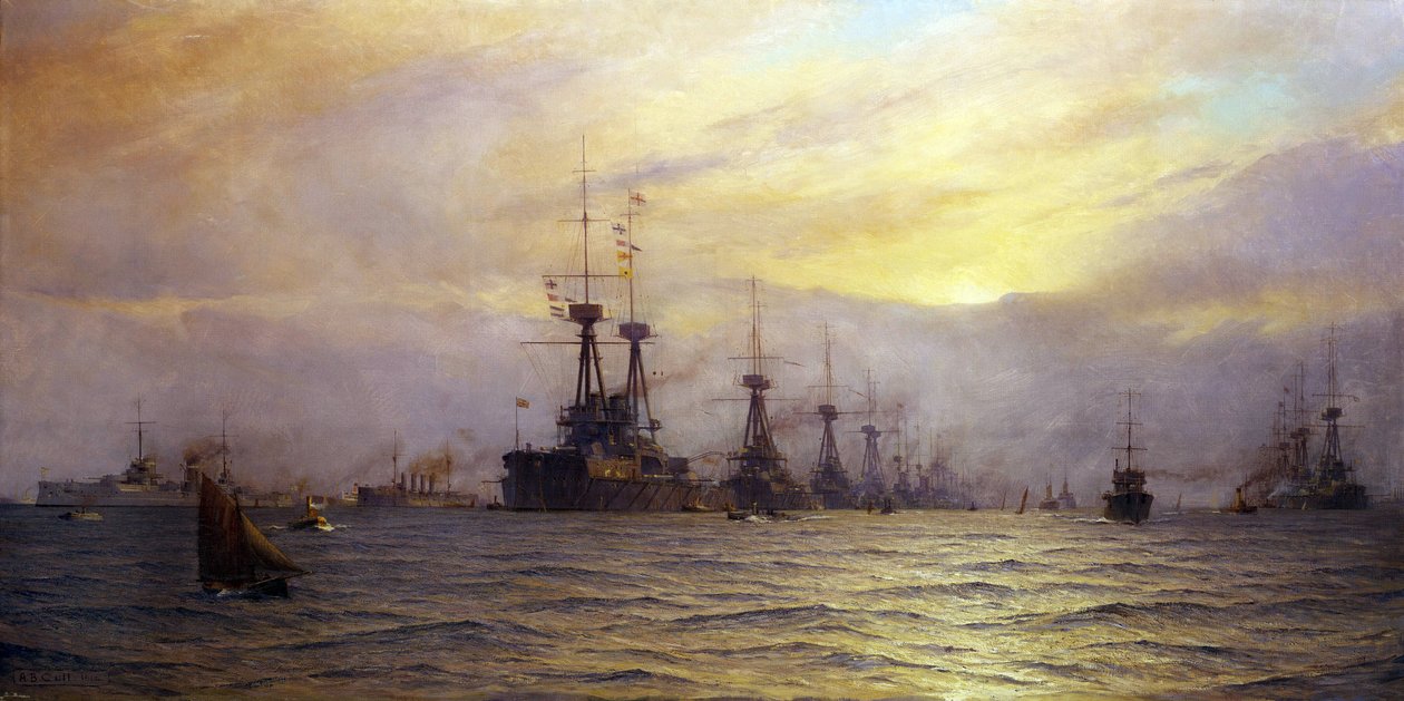 Laivaston saapuminen Yhdistyneen kuningaskunnan kuningas Yrjö V:n (1865-1936) kruunajaisiin vuonna 1911. tekijältä Alma Claude Burlton Cull