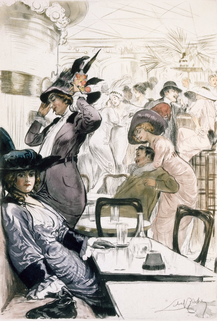 Cafe Society, Pariisista: Moeurs, Costumes et Attitudes 1912-13, Voi. 1: Les Bars, julkaistu 1914 (värilitho) tekijältä Almery Lobel Riche