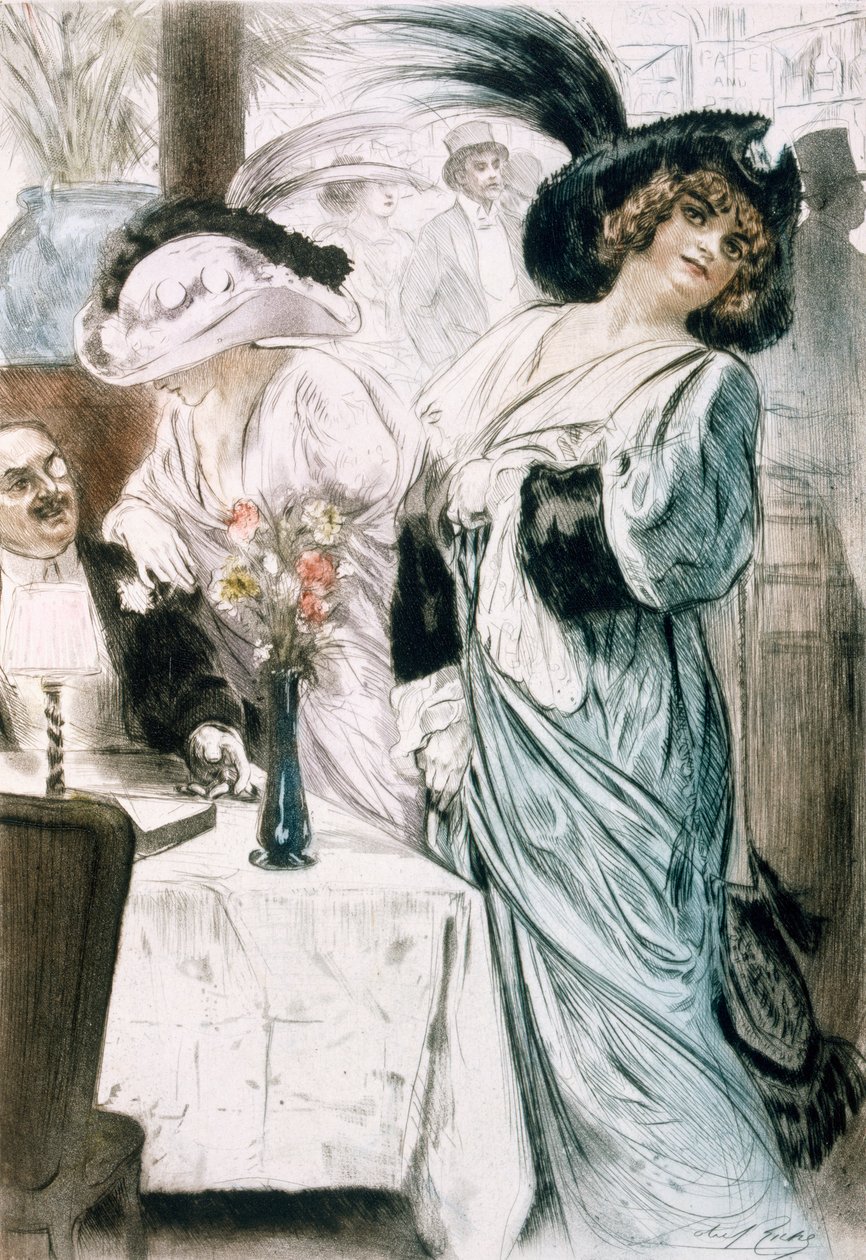 Muodikkaat naiset, Pariisista: Moeurs, Costumes et Attitudes 1912-13, Vol. 1: Les Bars, julkaistu 1914 (värilitho) tekijältä Almery Lobel Riche