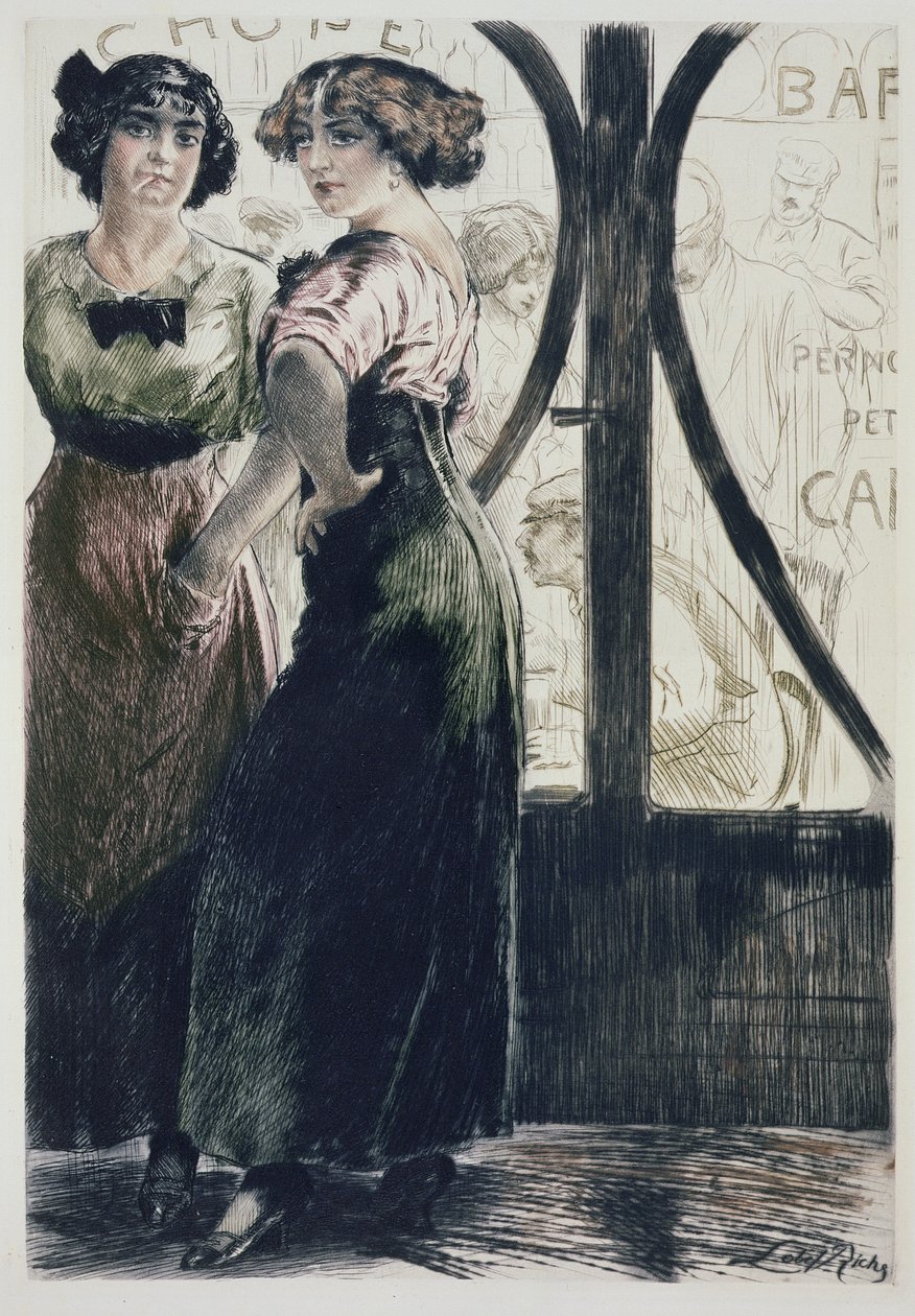 Street Girls, Pariisista: Moeurs, Costumes et Attitudes 1912-13, Vol. 1: Les Bars, julkaistu 1914 (värilitho) tekijältä Almery Lobel Riche
