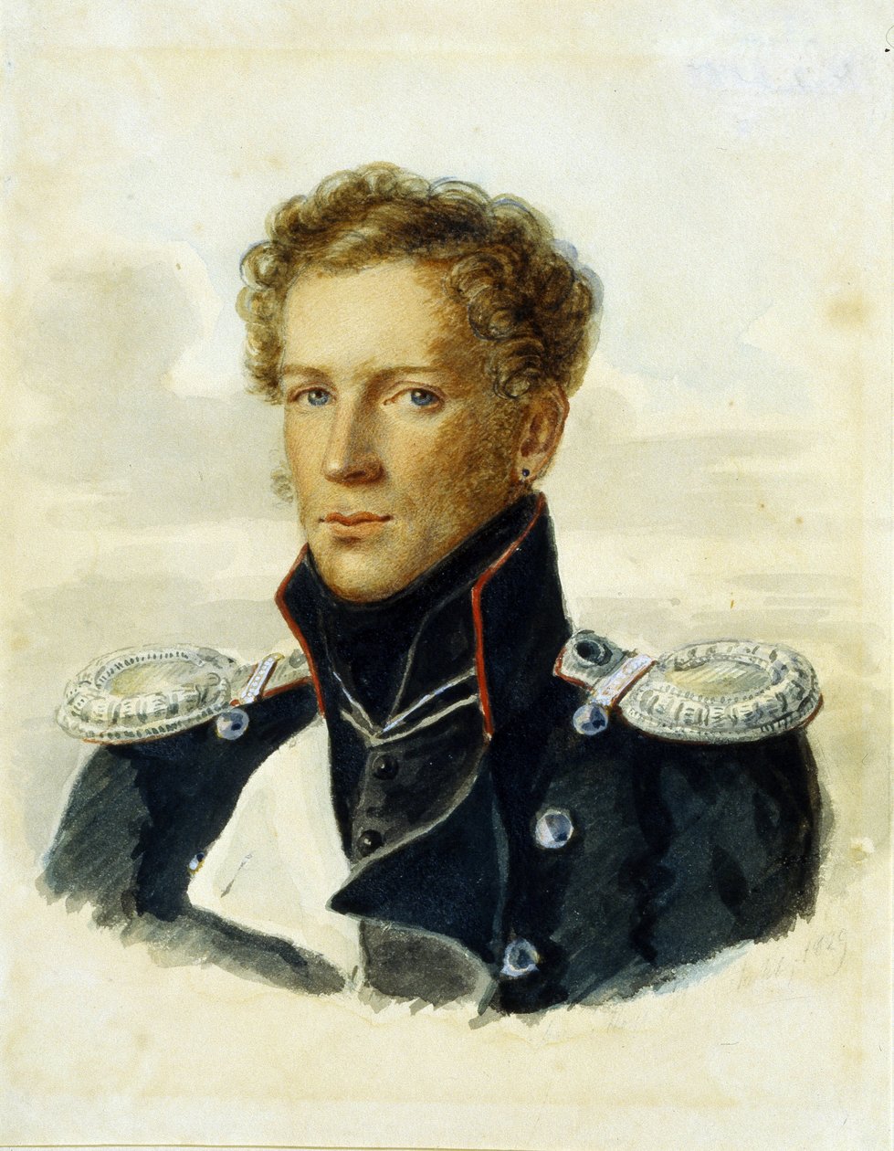 Sergei Lanskoy (1789-1832), vartijan ritarien upseeri. Alois Gustav Rockstuhlin (1798-1877) teos, akvarelli paperille tekijältä Alois Gustav Rockstuhl