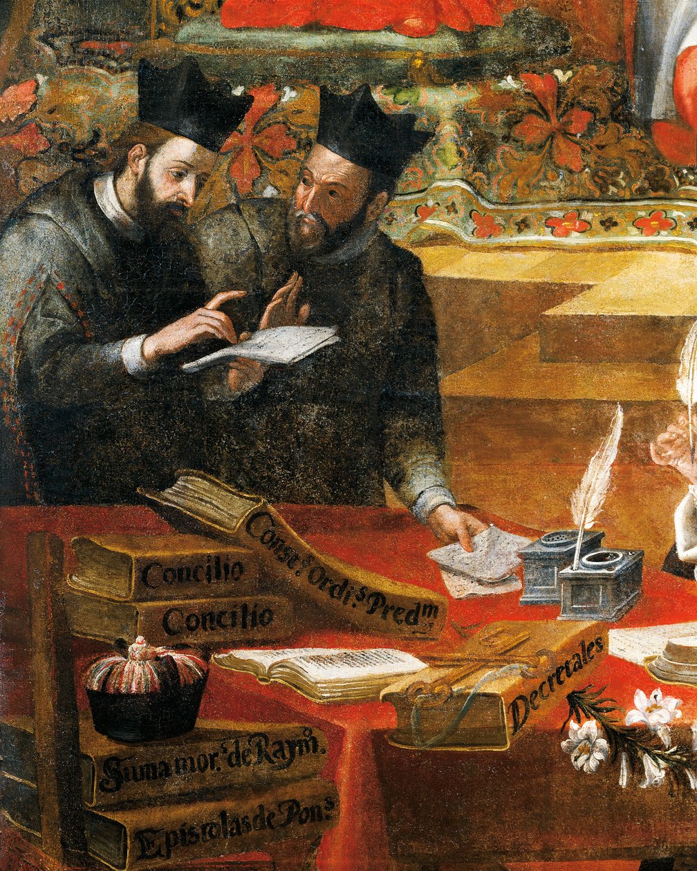 Keskustelu kahden jesuiitta välillä, yksityiskohta St Raymond of Penafortista, paavi Gregory IX:n neuvonantaja, Alonso Antonio Villamor (1661-1729). Pyhän Stevenin luostarista Salamancasta, Espanjasta. tekijältä Alonso Antonio Villamor