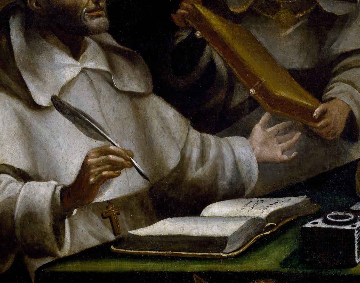 Pyhän Albertin kädet kirjoittaessaan, yksityiskohta Pyhästä Paavalista ilmestymässä pyhälle Albert Suurelle ja Pyhälle Tuomas Akvinolaiselle, maalaus Alonso Antonio Villamor (1661-1729), yksityiskohta tekijältä Alonso Antonio Villamor