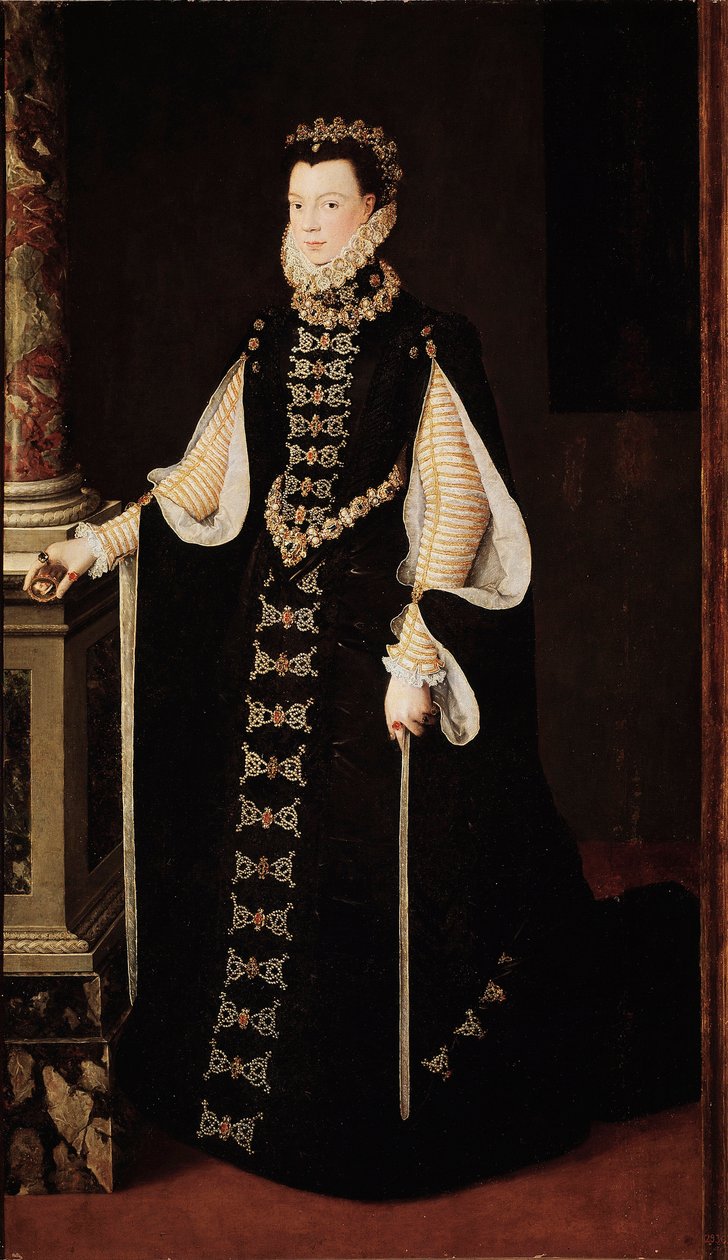 Muotokuva Elisabeth Ranskasta (1545-1568) tai Isabelle of Valois, Espanjan kuningatar Alonso Sanchez Coellon (1531-1588) maalaus. Noin 1568. Madrid. Pradon museo tekijältä Alonso Sánchez Coello