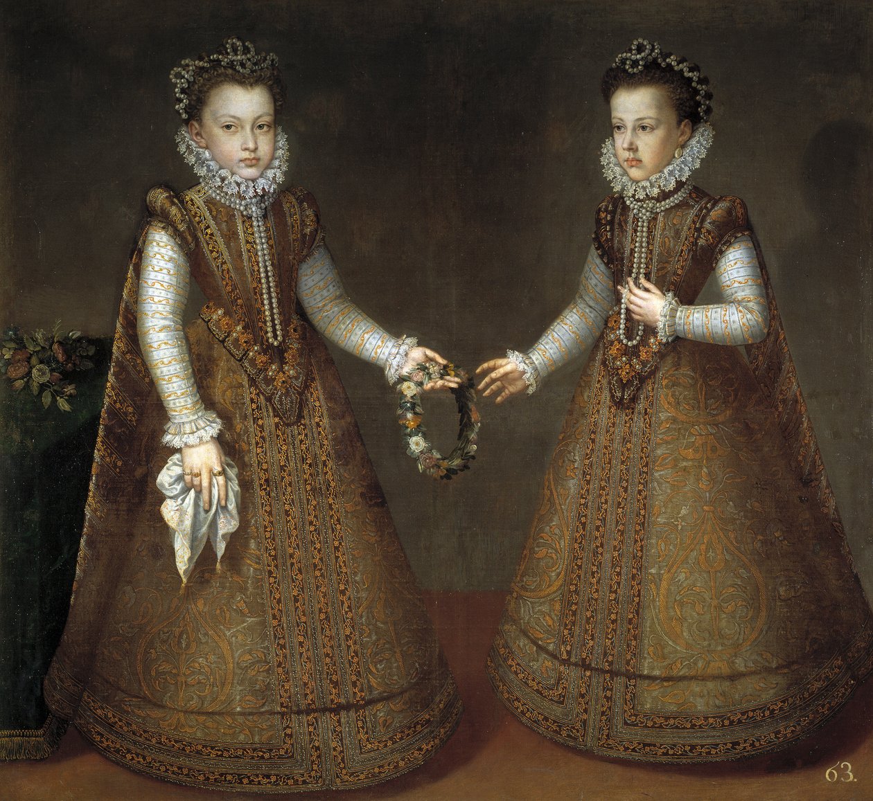 Sanchez Coello, Alonso (1531-1588) Infantas Isabel Clara Eugenia (Itävallan Isabelle Claire Eugenie) (1566-1633) ja espanjalainen Catherine Michelle (1567-1597) (Itävallan Catherine Michelle). 1575 - Öljy kankaalle tekijältä Alonso Sánchez Coello