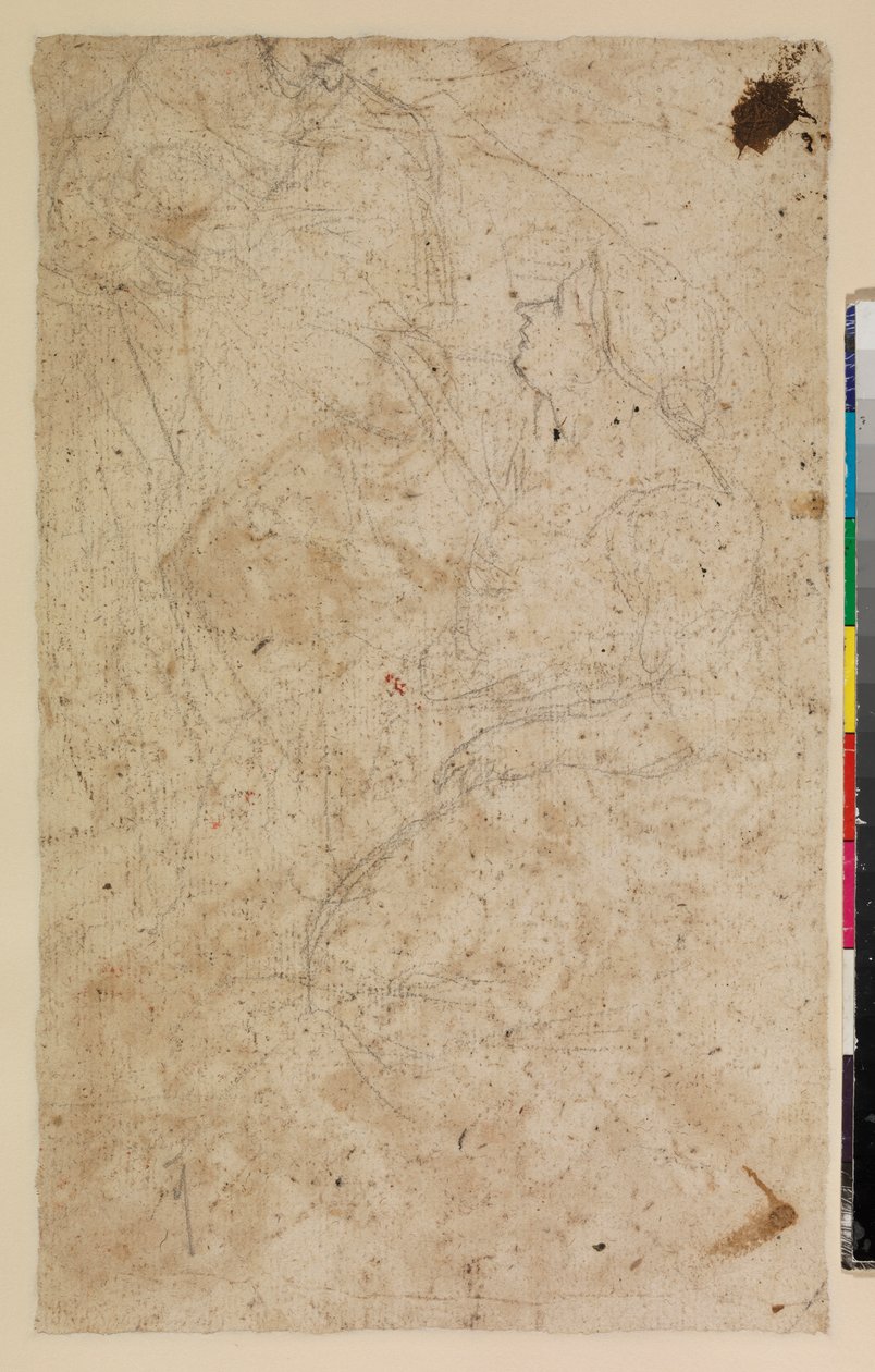 Figuuritutkimuksia polvistuvan naisen kanssa profiilissa, verso, 1600-luku tekijältä Alonso del Arco