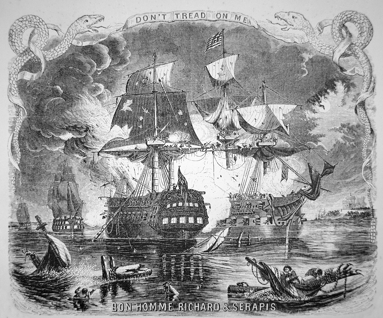 John Paul Jones, joka komentaa Bonhomme Richardia, kukistaa HMS Serapisin 23. syyskuuta 1779 (litho) tekijältä Alonzo (after) Chappel