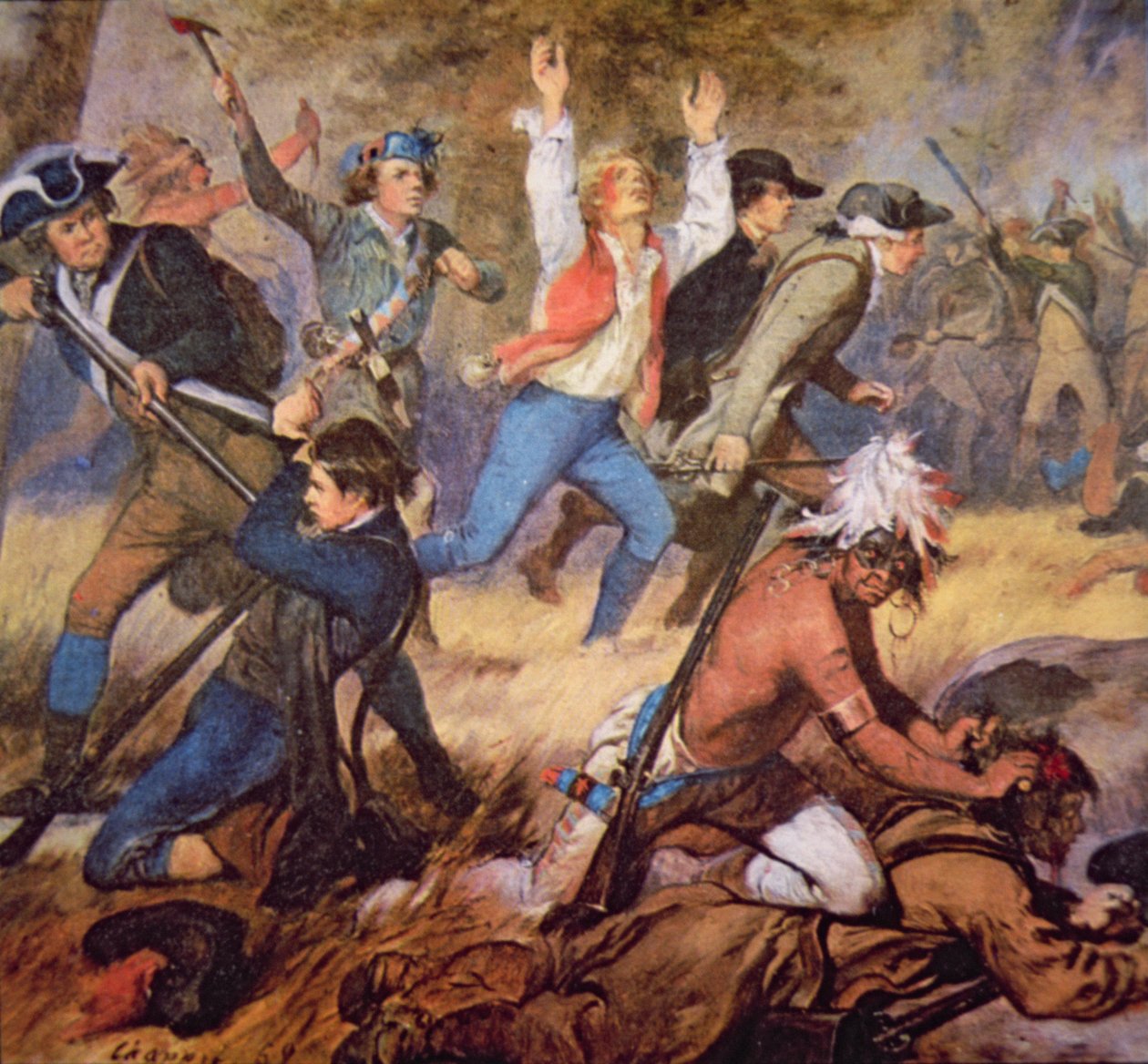 Wyoming Valleyn verilöyly heinäkuussa 1778 (väri litho) (yksityiskohta) tekijältä Alonzo (after) Chappel