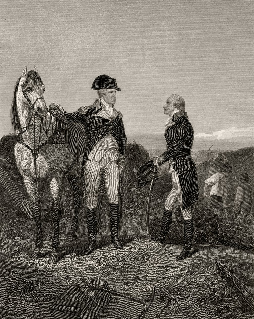 George Washingtonin ja Alexander Hamiltonin ensimmäinen tapaaminen julkaisusta Life and Times of Washington, osa I, julkaistu 1857 tekijältä Alonzo Chappel