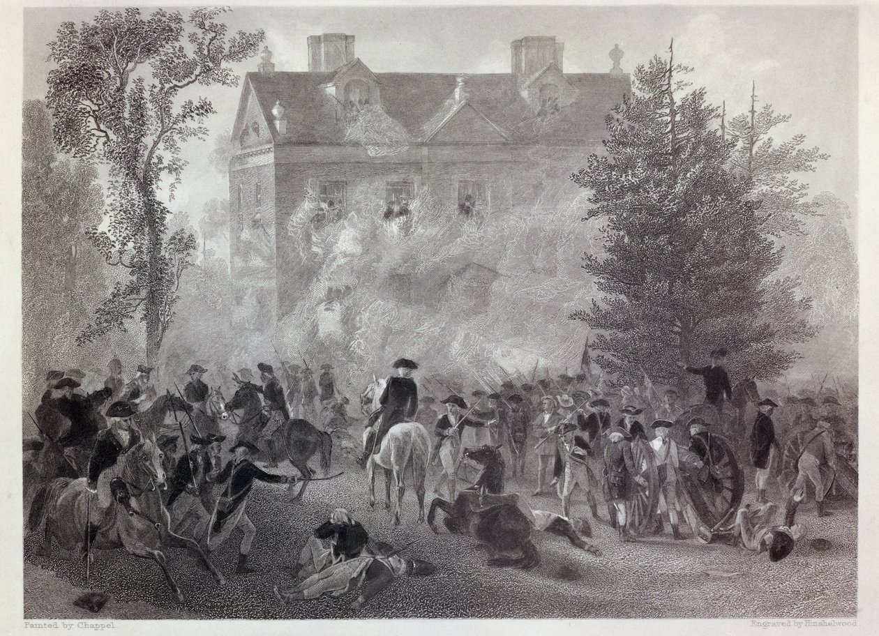 Germantownin taistelu Chew Housessa vuonna 1777, kaiverrus Robert Hinshelwood (1812-n. 75) n. 1860 tekijältä Alonzo Chappel