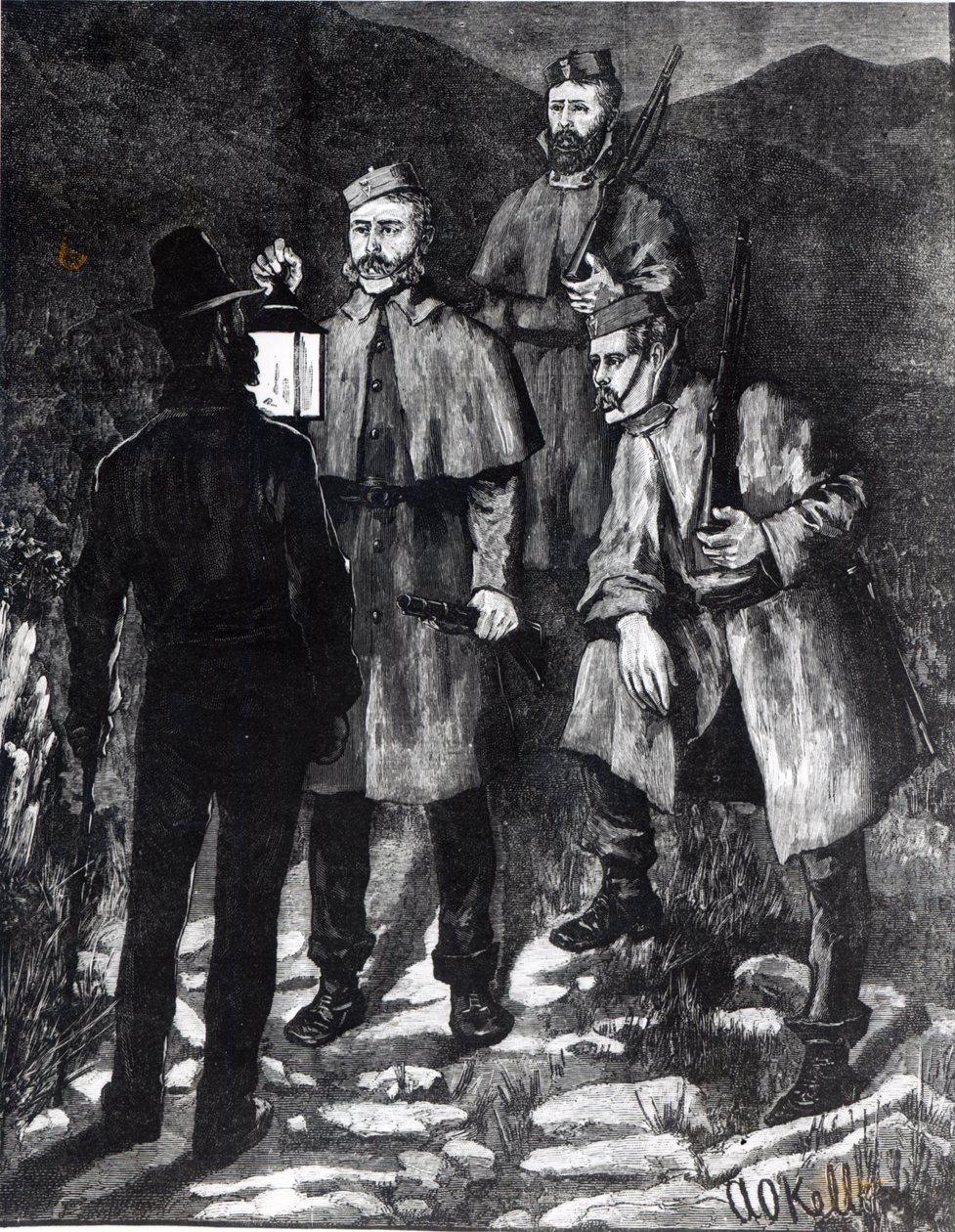 Irlannin osavaltio: Poliisipartio haastaa epäillyn henkilön, The Illustrated London News, n. 1880 tekijältä Aloysius C. O