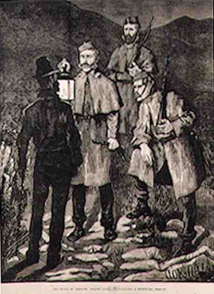 Irlannin osavaltio: Poliisipartio haastaa epäillyn henkilön, The Illustrated London News, 8. kesäkuuta 1881 tekijältä Aloysius C. OKelly