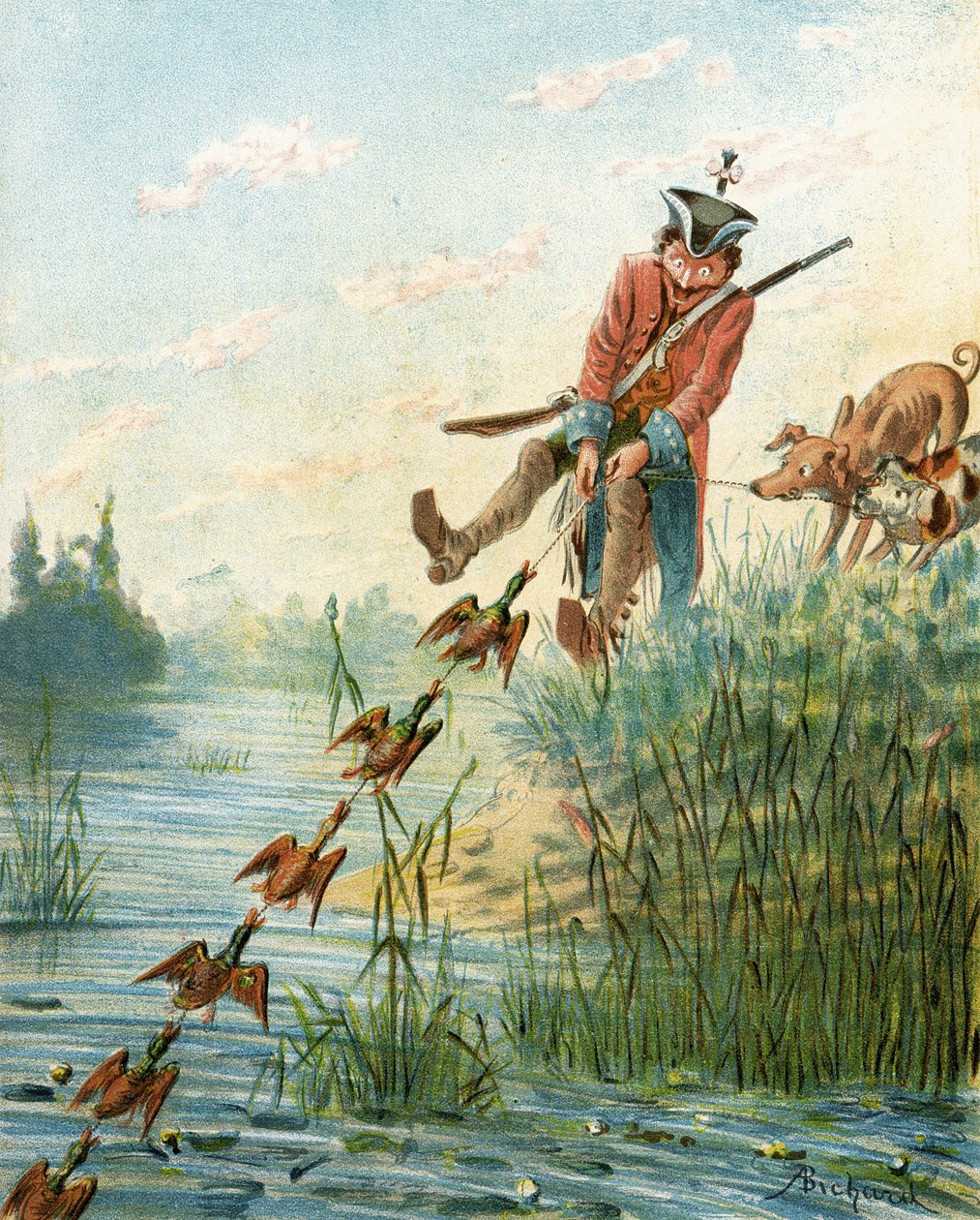 Paroni Münchausen pyydystää ankkoja pekoninrasvalla, Rudolf Erich Raspelta (1736-94) peräisin oleva teos "Paroni Münchausenin seikkailut", julkaistu noin vuonna 1886. tekijältä Alphonse Adolphe Bichard