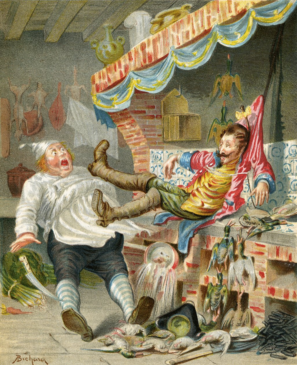 Lento ankkojen kanssa savupiippua pitkin Rudolf Erich Raspen (1736-94) teoksesta "Paroni Münchausenin seikkailut", julkaistu n. 1886 tekijältä Alphonse Adolphe Bichard
