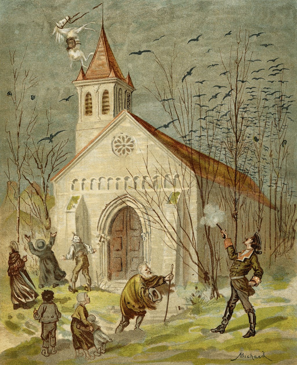 Paroni osoittaa olevansa hyvä ampuja, Rudolf Erich Raspen (1736-94) noin vuonna 1886 ilmestyneestä teoksesta "Paroni Münchausenin seikkailut". tekijältä Alphonse Adolphe Bichard