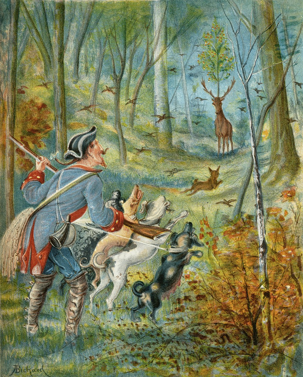 Kirsikkakivillä polttarin ampumisen vaikutukset Rudolf Erich Raspen (1736-94) teoksesta "Paroni Münchausenin seikkailut", julkaistu n. 1886 tekijältä Alphonse Adolphe Bichard