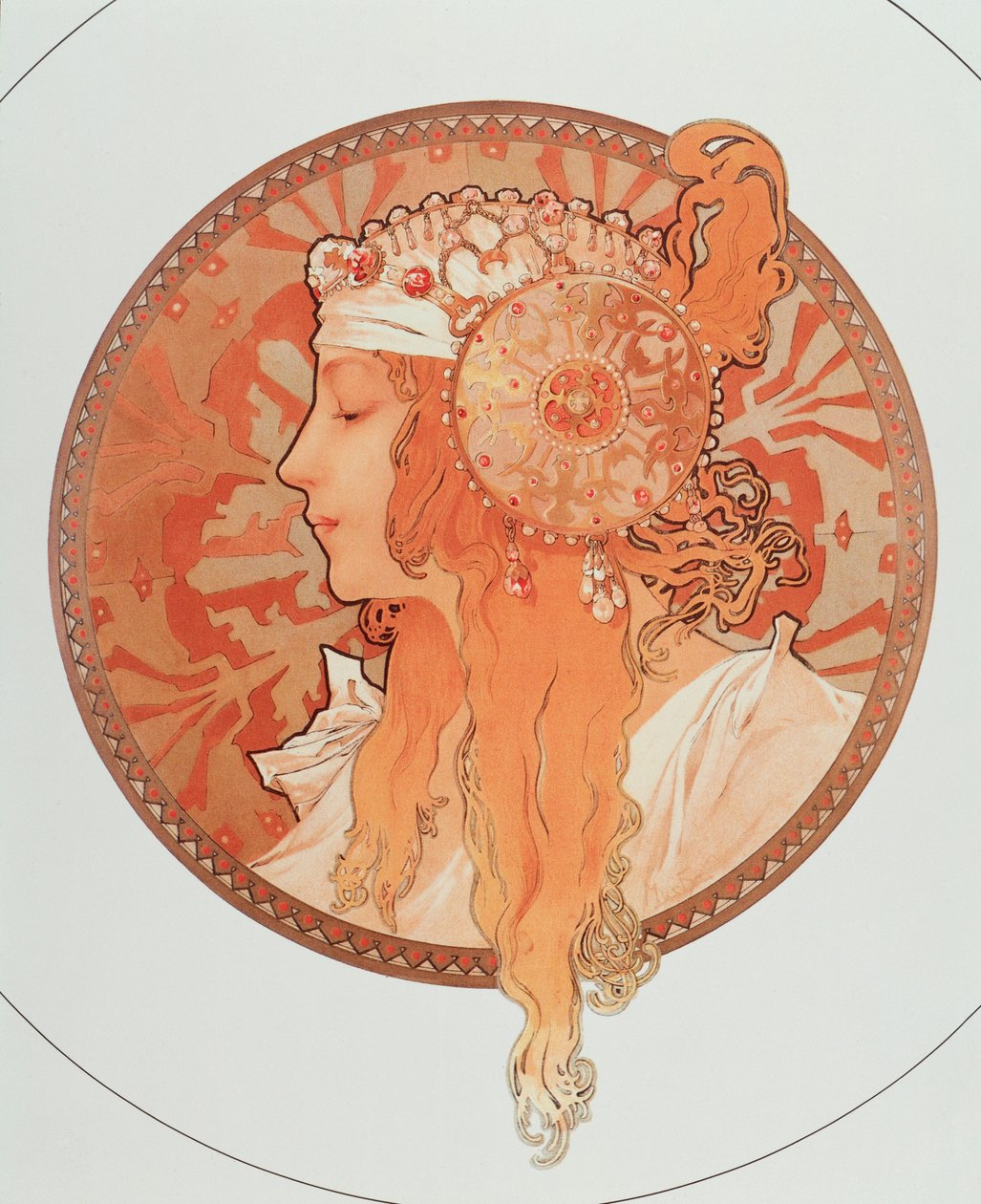 Blonde Litography Series "" Bysantine heads"", kirjoittanut Alphonse Mucha (1860-1939), 1897 - "" Blonde" Alphonse Muchan "" Bysantin päät" -sarjasta, 1897 Halkaisija 50 cm Yksityinen kokoelma tekijältä Alphonse Mucha