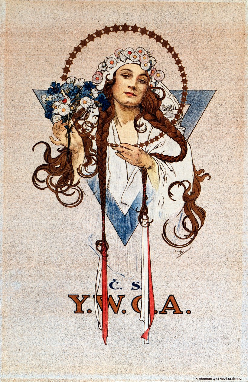 Tšekkoslovakian YWCA-juliste Nuorten Naisten Kristillisen Yhdistyksen YWCA:lle Tšekkoslovakiassa Litografia Alphonse Mucha (1860-1939) 1922 Koko 54x82 cm Yksityinen kokoelma tekijältä Alphonse Mucha