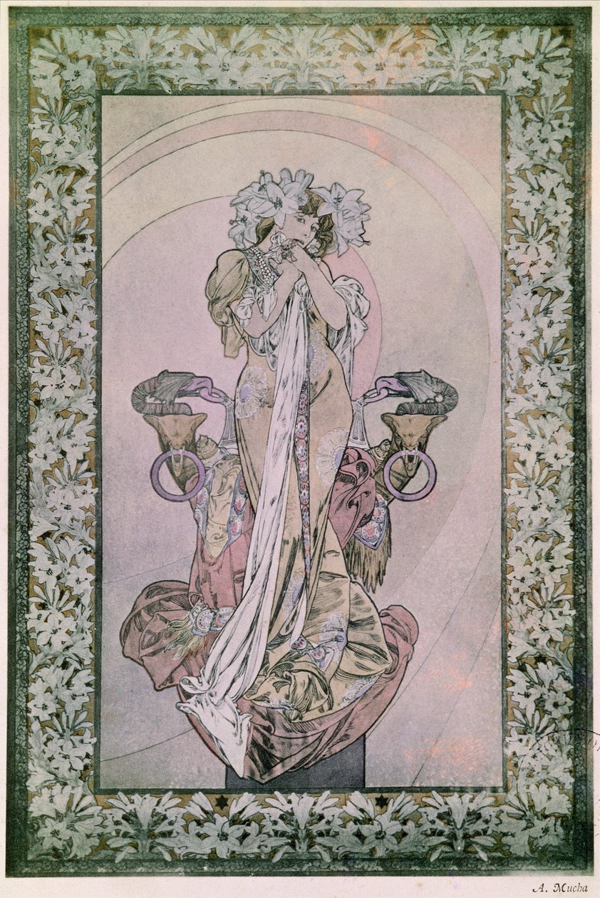 Koristepaneeli Edmond Rostandin La Princesse Lointainen kanssa Sarah Bernhardtin (1844-1923) kanssa, 1890-1910 (litografia) tekijältä Alphonse Mucha