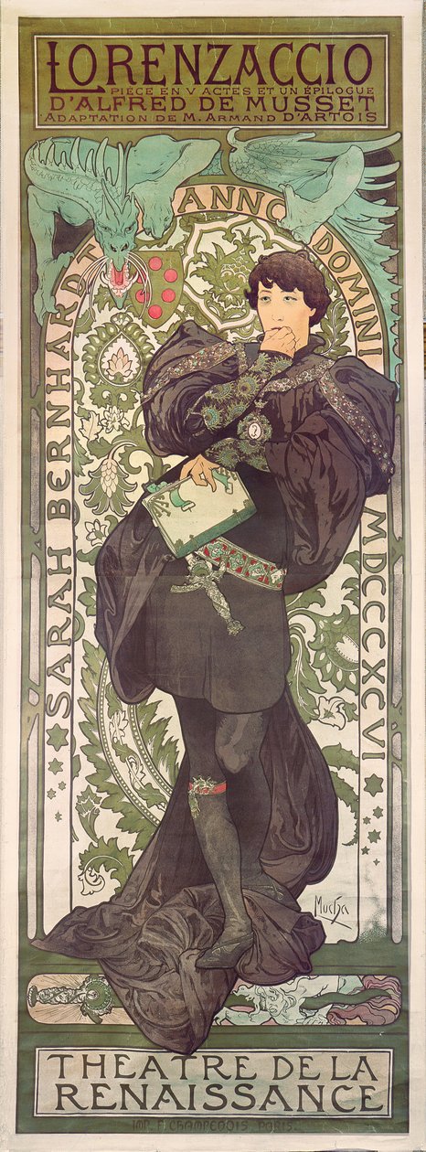 Lorenzaccio ja Sarah Bernhardt Renaissance-teatterissa Théâtre de la Renaissance (juliste), 1896 (litografia). tekijältä Alphonse Mucha