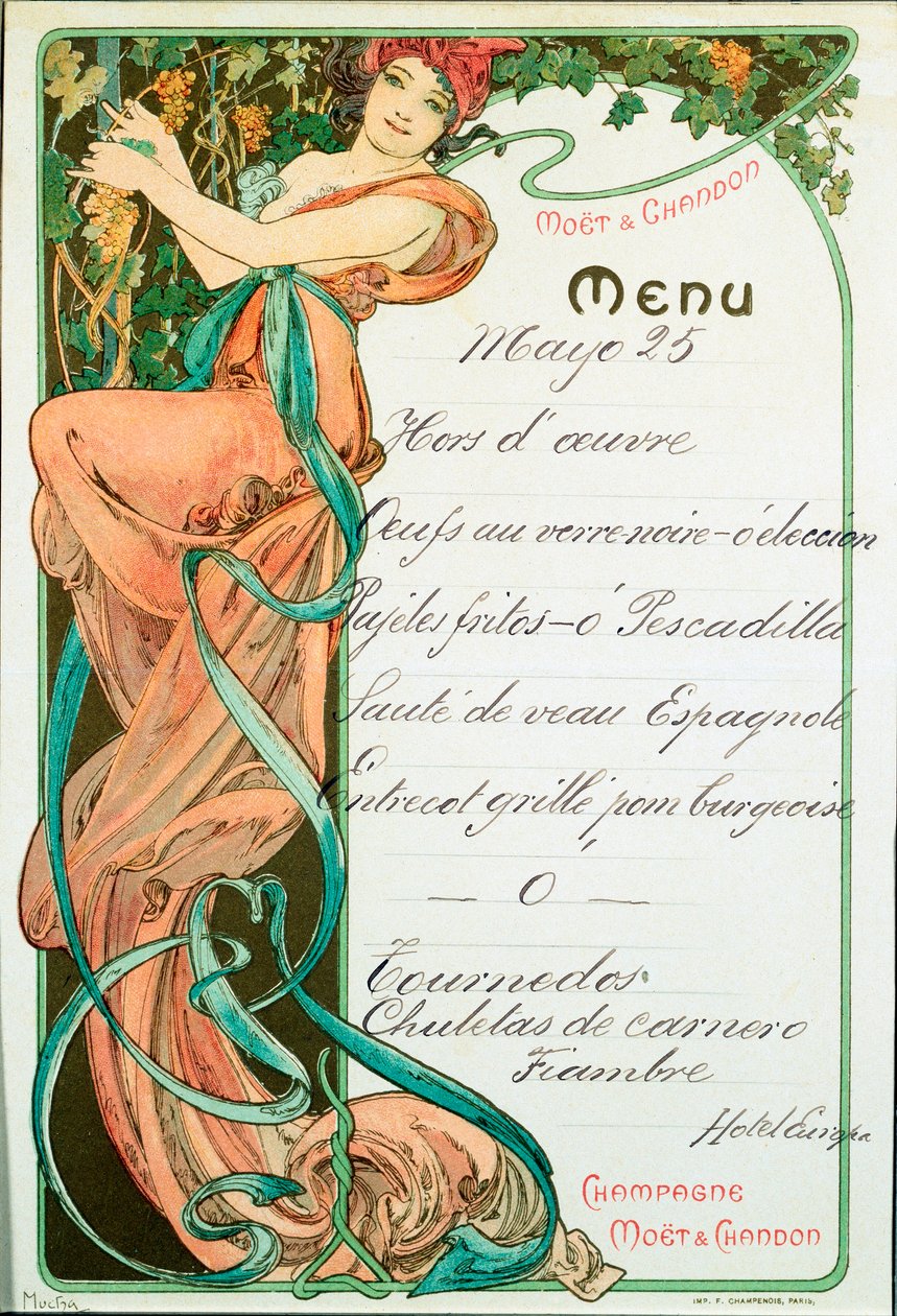 Champagne Moet and Chandon -ravintolan painattama ruokalista ranskalaista erikoisruokaa varten. Alphonse Muchan (1860-1939) kuvitus Dim. 22x15 cm Milano, yksityiskokoelma tekijältä Alphonse Mucha