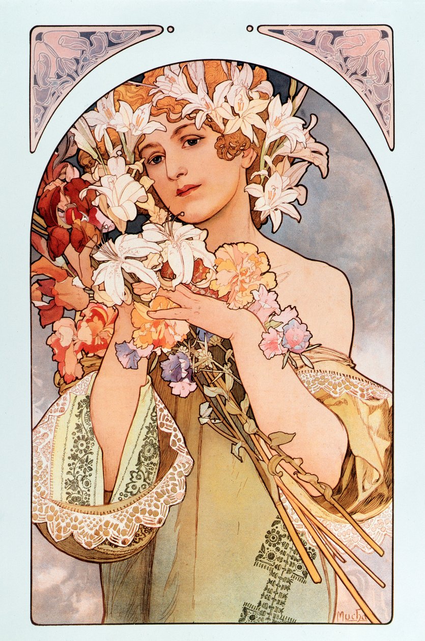 Alphonse Muchan (1860-1939) juliste nimeltä "Kukka", litografiasarja kukista, 1897 - Alphonse Muchan juliste: "Kukka" kukista -sarja, 1897 Dim 44x66 cm Yksityinen kokoelma tekijältä Alphonse Mucha