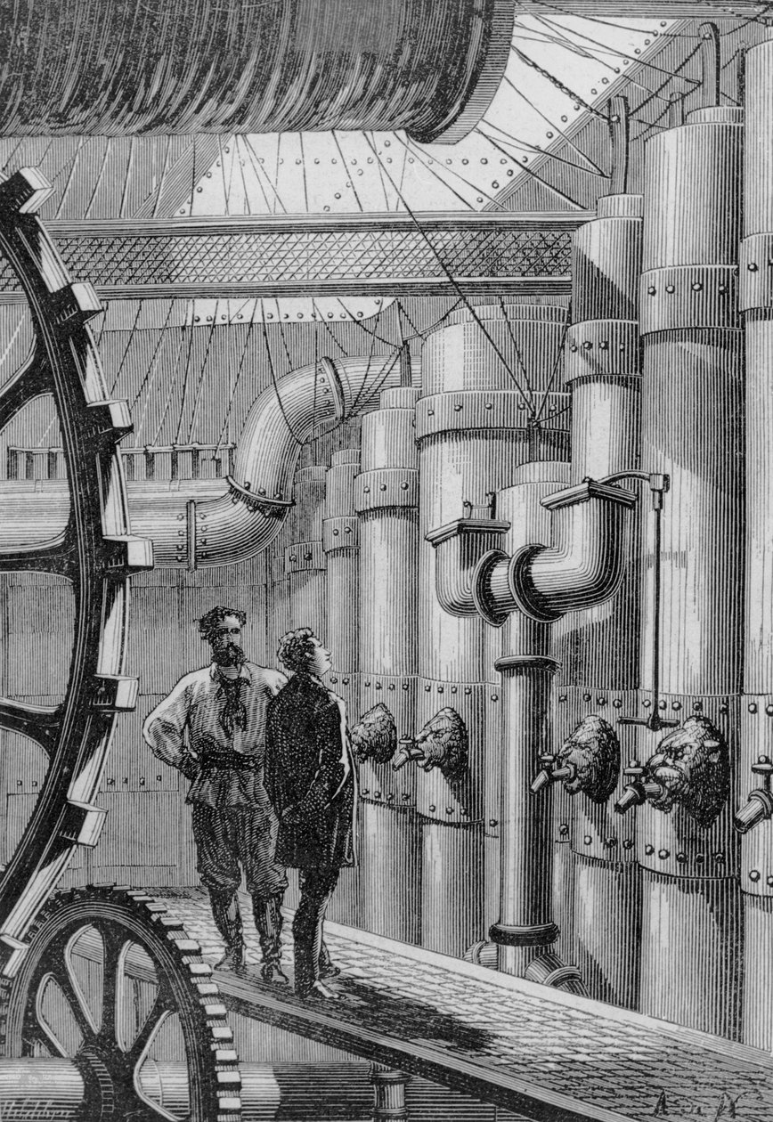 Kapteeni Nemo Nautilus-sukellusveneen sisällä, Jules Vernen (1828-1905) teoksesta "20 000 merilegendaa meren alla", kaiverrettu Henri Theophile Hildibrandilta (1824-97) 1877. tekijältä Alphonse Marie de Neuville