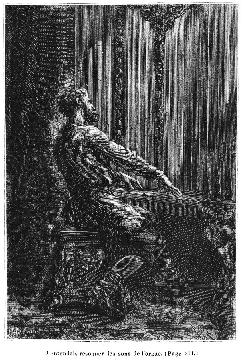 Kapteeni Nemo soittamassa urkuja, kuvitus Jules Vernen (1828-1905) teoksesta 