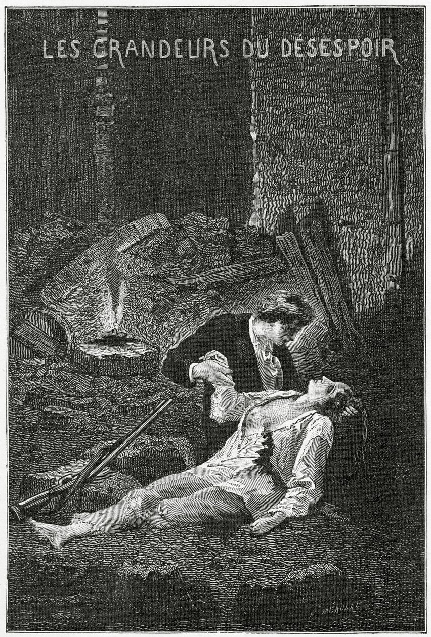 Les Grandeurs du Desespoir - Kuvitus Les Misérablesista, 1800-luku (bw-kaiverrus) tekijältä Alphonse Marie de Neuville