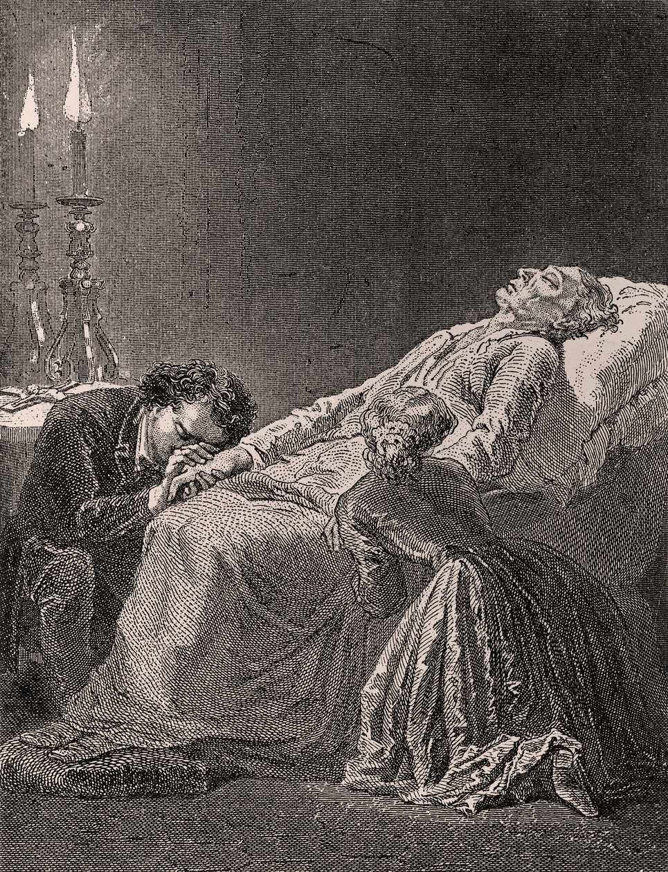 Jean Valjeanin kuolema Cosetten ja Mariuksen välillä - kuva Les Misérablesista, 1800-luku (bw-kaiverrus) tekijältä Alphonse Marie de Neuville