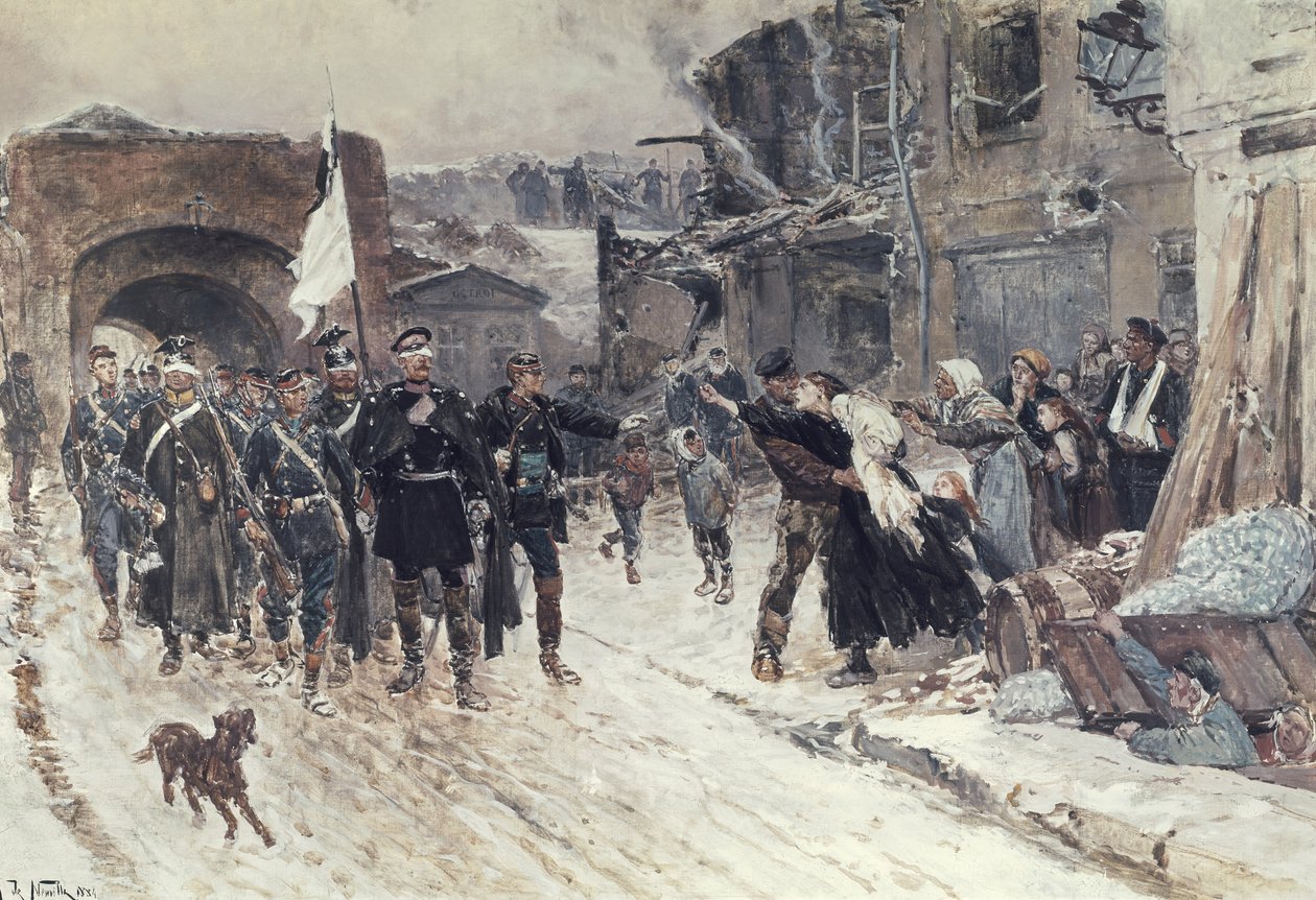 Aselevon lippua kantavan saksalaisen komentajan sisäänkäynti Belfortiin, 4. marraskuuta 1870, 1884 tekijältä Alphonse Marie de Neuville